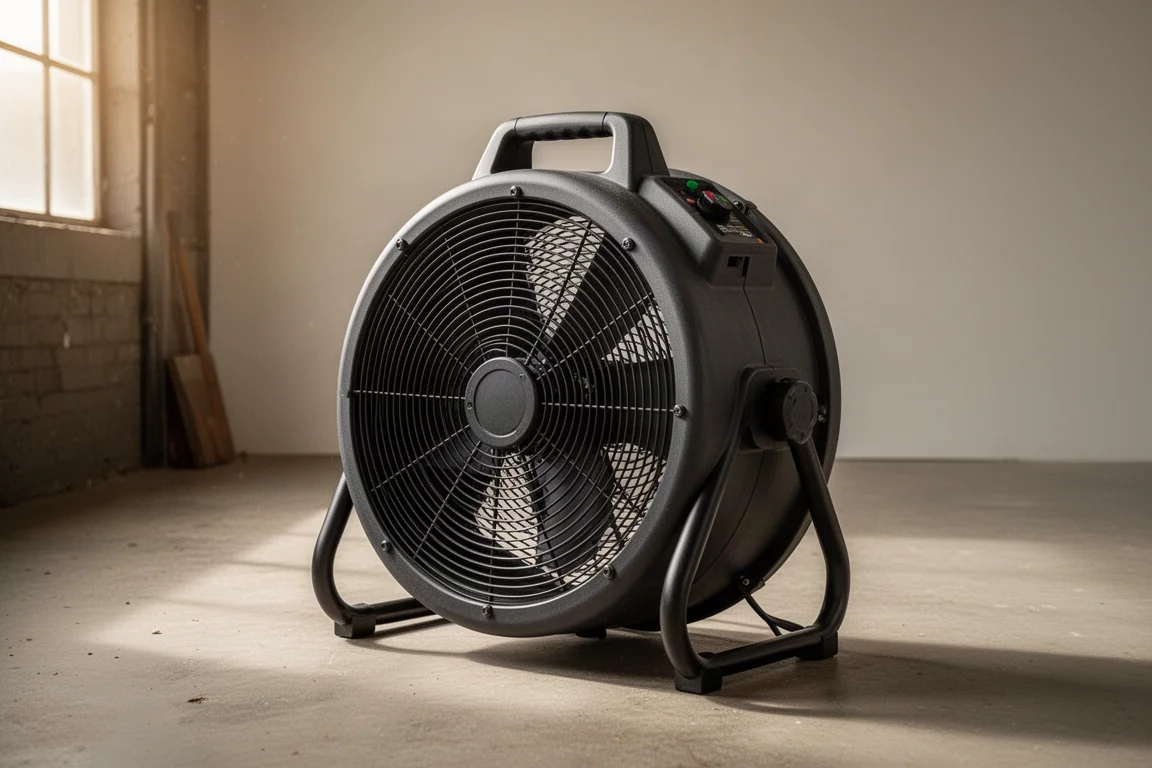 Large portable jobsite fan positioned on a concrete workshop floor