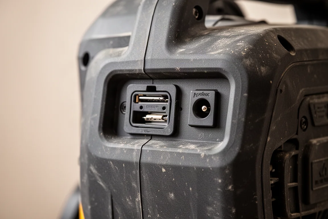 Close-up of a battery port and AC power inlet on rugged tool housing