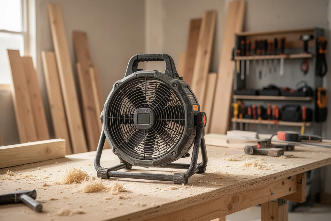 Jobsite fan sitting on a workbench in a dusty construction setting