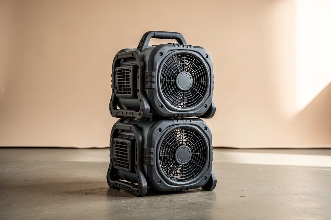 Two jobsite fans stacked together for compact storage