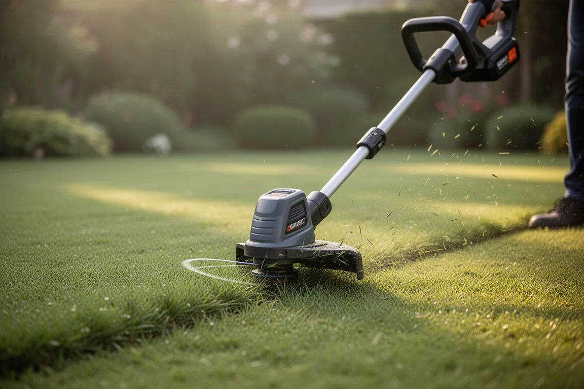 Cordless string trimmer cutting grass along a lawn edge in morning light