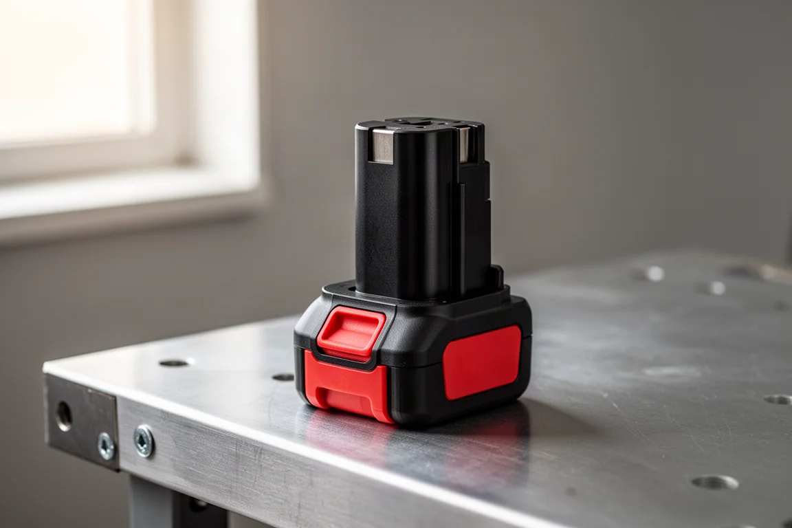 Cordless power tool battery pack standing on a workshop shelf