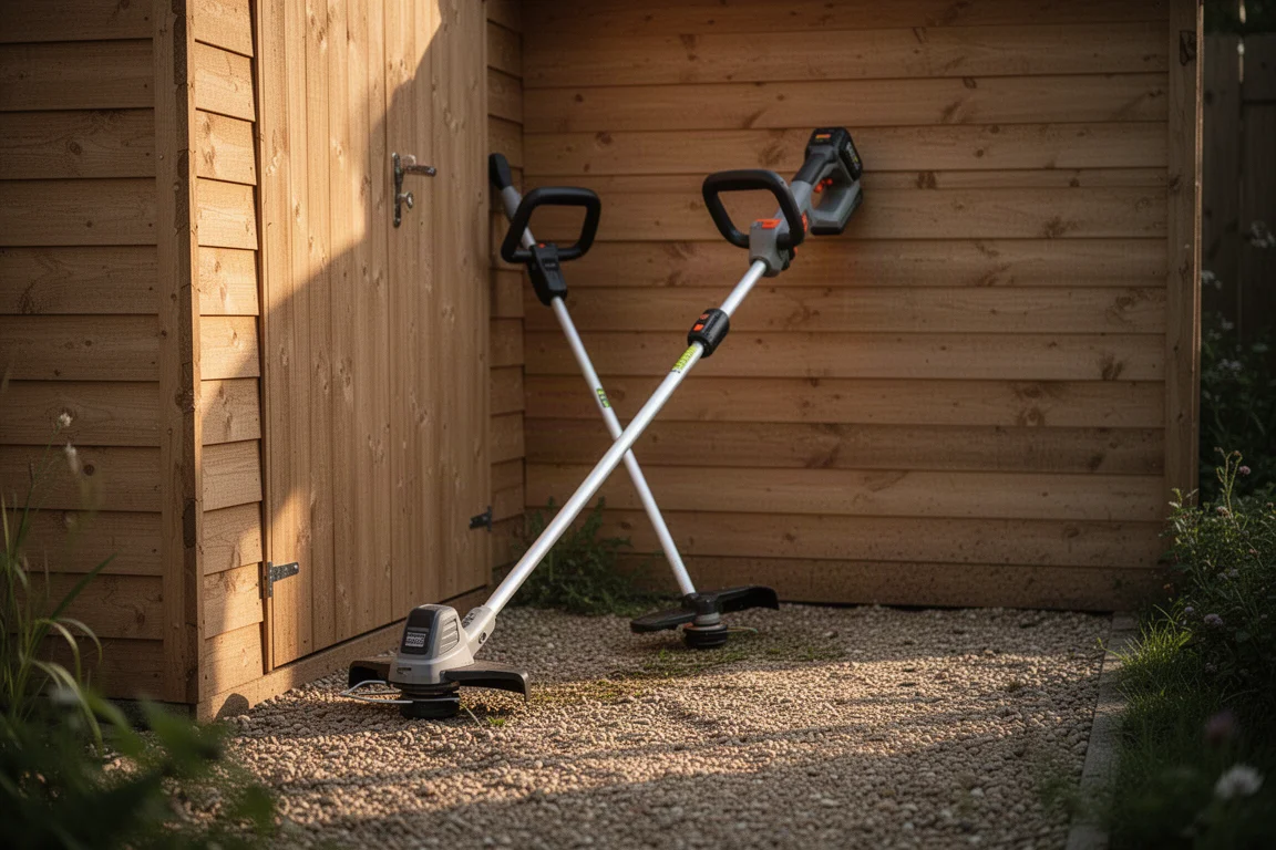 String trimmer resting against a garden shed after trimming work