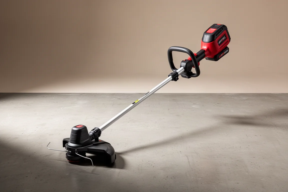 Cordless string trimmer with aluminum shaft laid diagonally on concrete