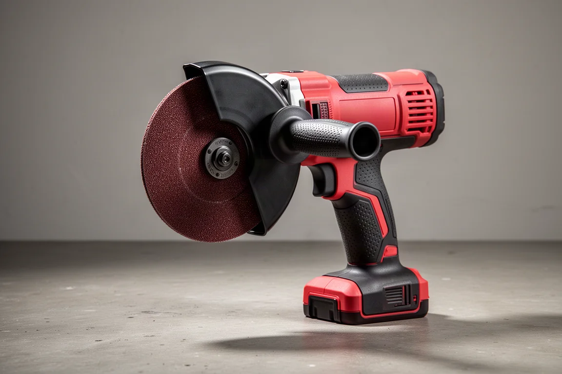Milwaukee M18 6-inch cordless angle grinder standing on a concrete workshop floor