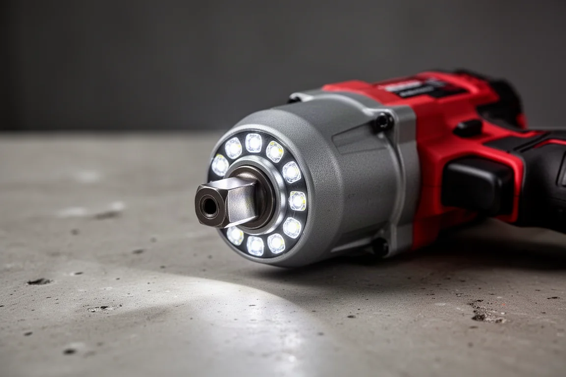 Cordless impact wrench with LED lights resting on a workshop bench
