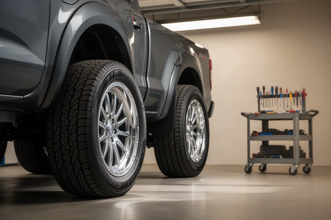 Technician tightening wheel lug nuts on a vehicle in a service bay