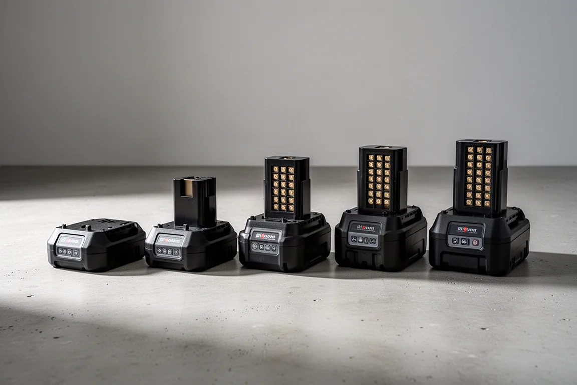 Assorted cordless tool batteries lined up on a workbench