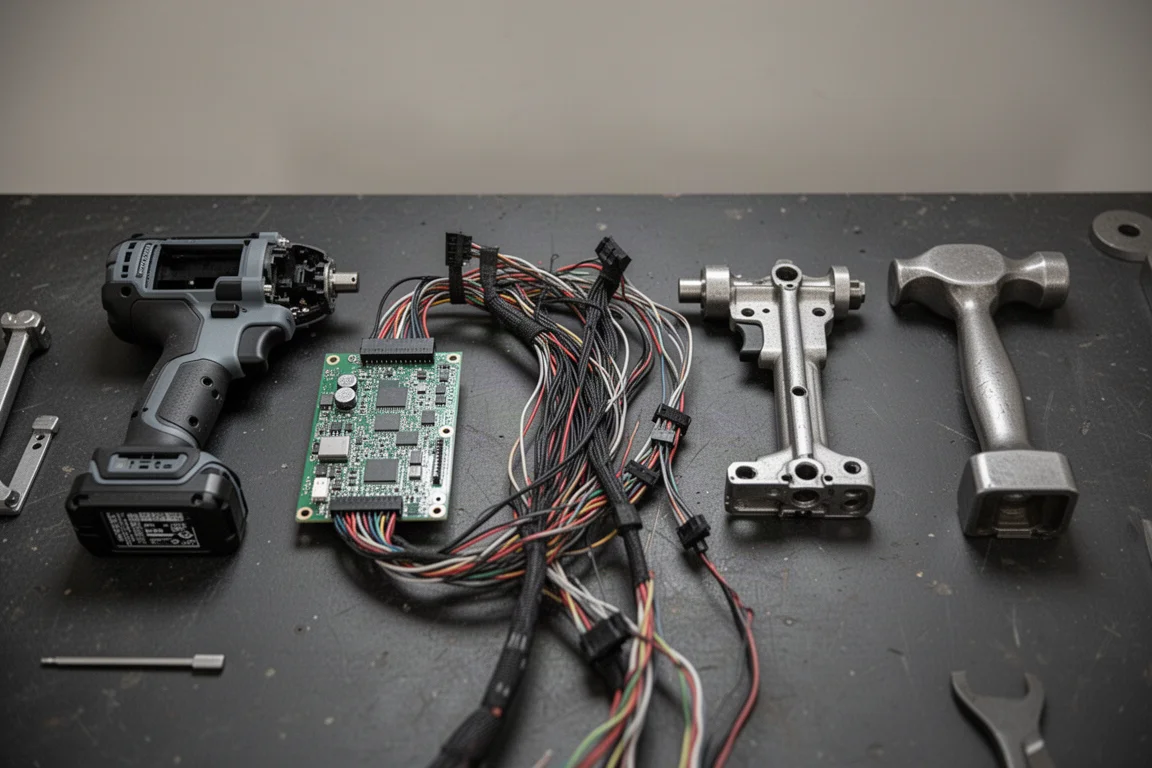 Impact wrench internals with circuit boards and wire harnesses exposed