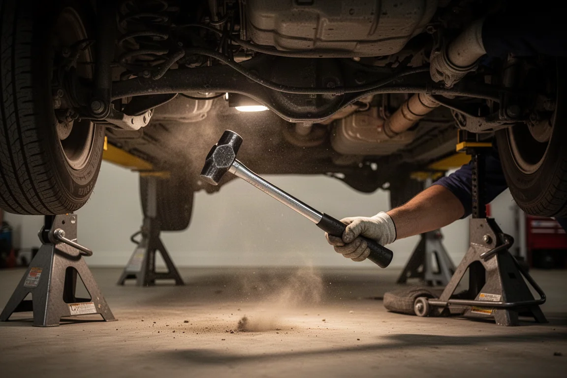 Técnico automotivo trabalhando embaixo do chassi de um veículo em uma garagem doméstica