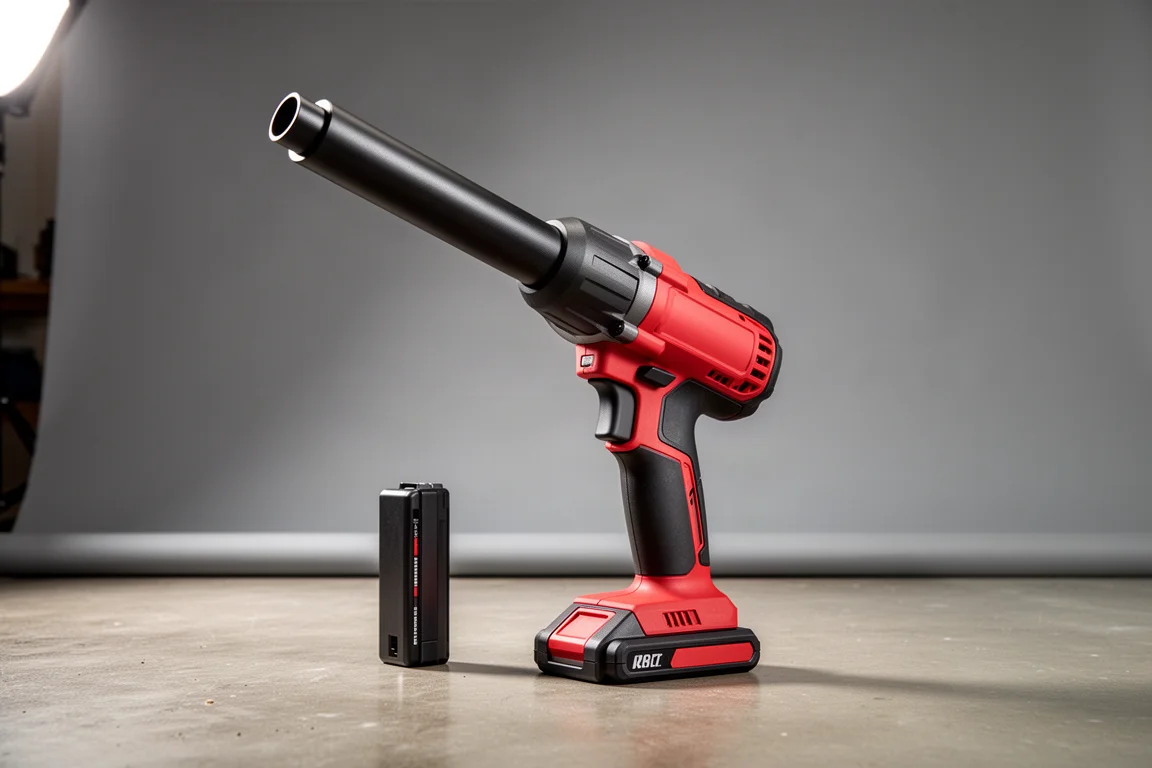 Long cordless hammer tool with pistol grip standing on a concrete workshop floor