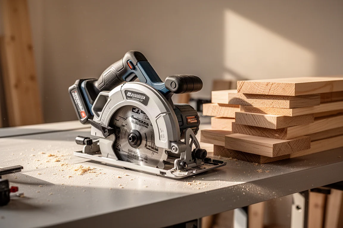 Kreissäge ruht bei Feierabend auf einer Werkbank neben einem Projekt aus gestapeltem Holz