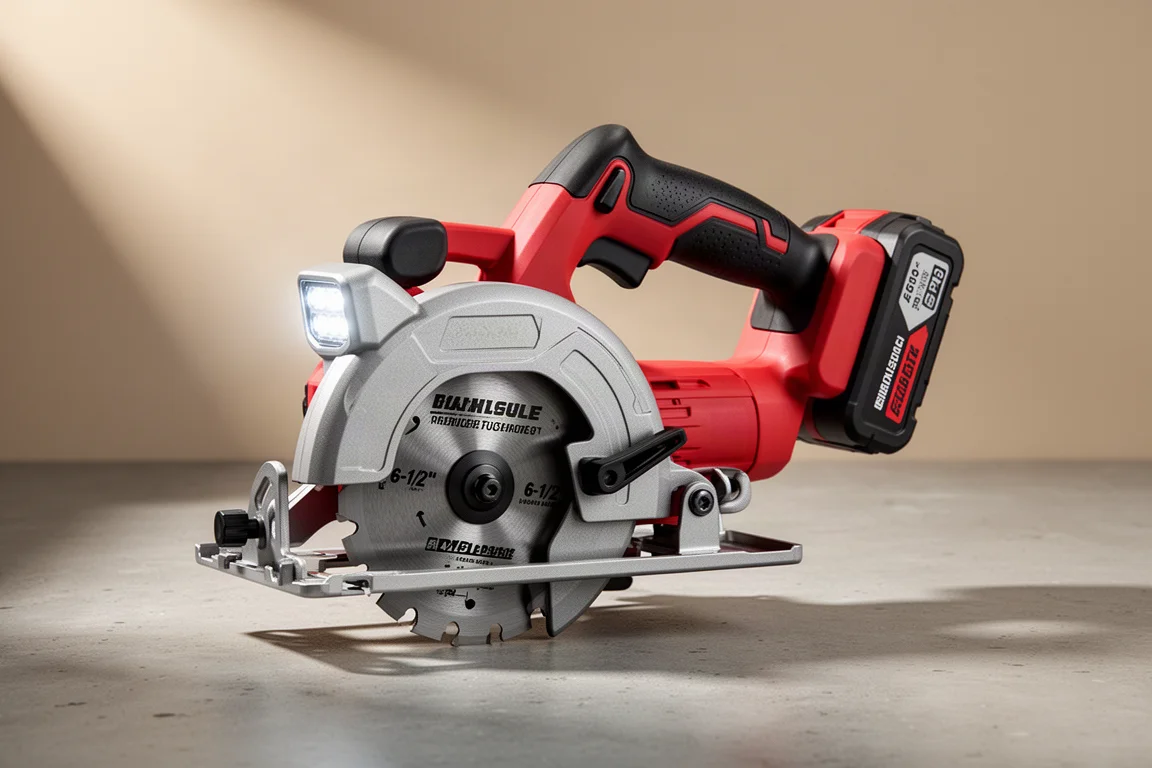 Cordless 6-1/2 inch circular saw with battery pack on a concrete surface