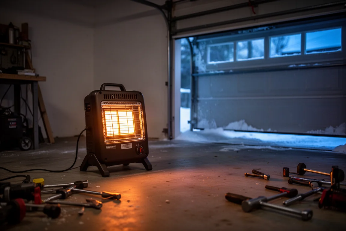 Portable propane heater glowing orange inside a cold garage workshop