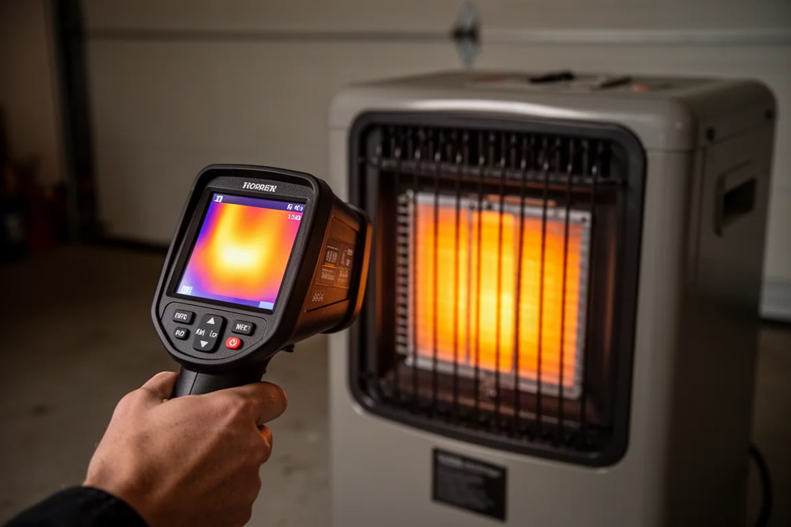 Thermal imaging view showing intense heat output from a heater on high
