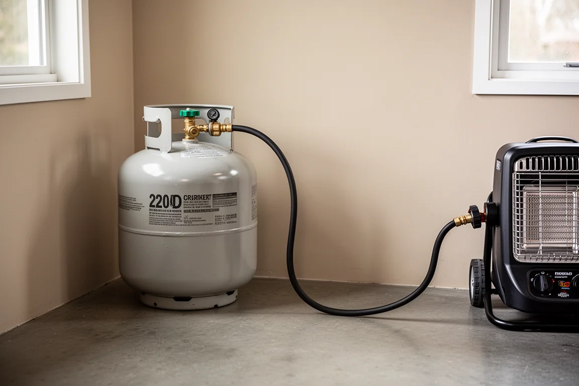 Twenty pound propane tank and heater hose connected in a workshop corner