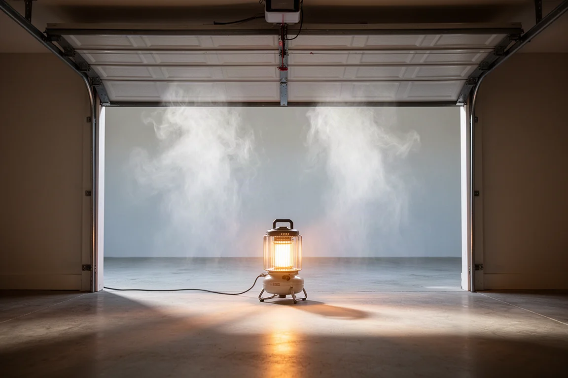 Open garage door letting fresh air circulate around a running heater