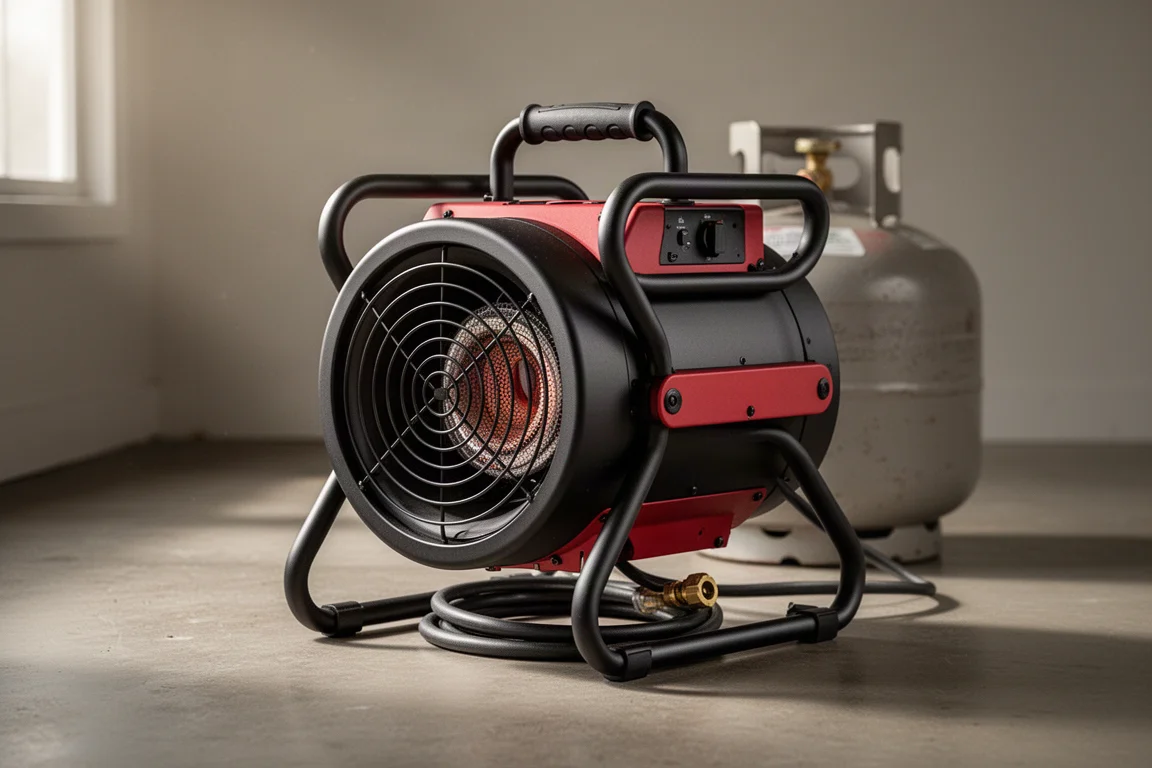 Rugged portable propane heater with roll cage frame and carry handle on a concrete garage floor