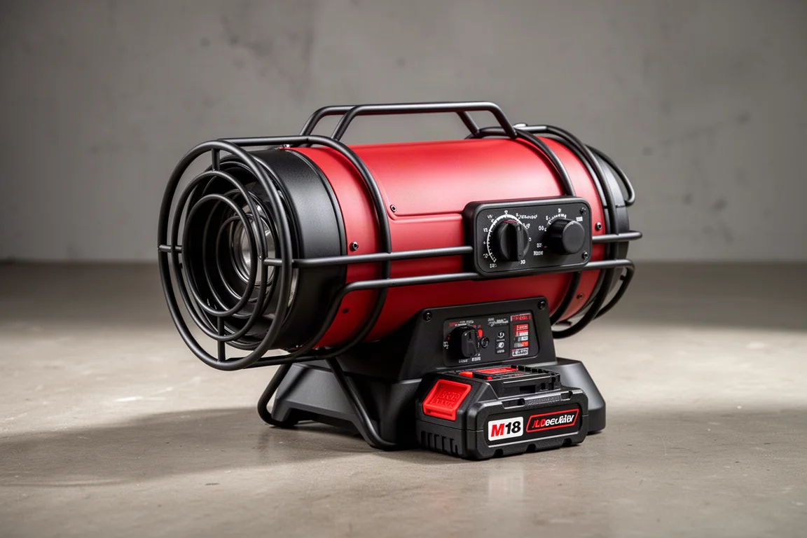 Compact red and black forced air propane heater with battery pack on a concrete floor