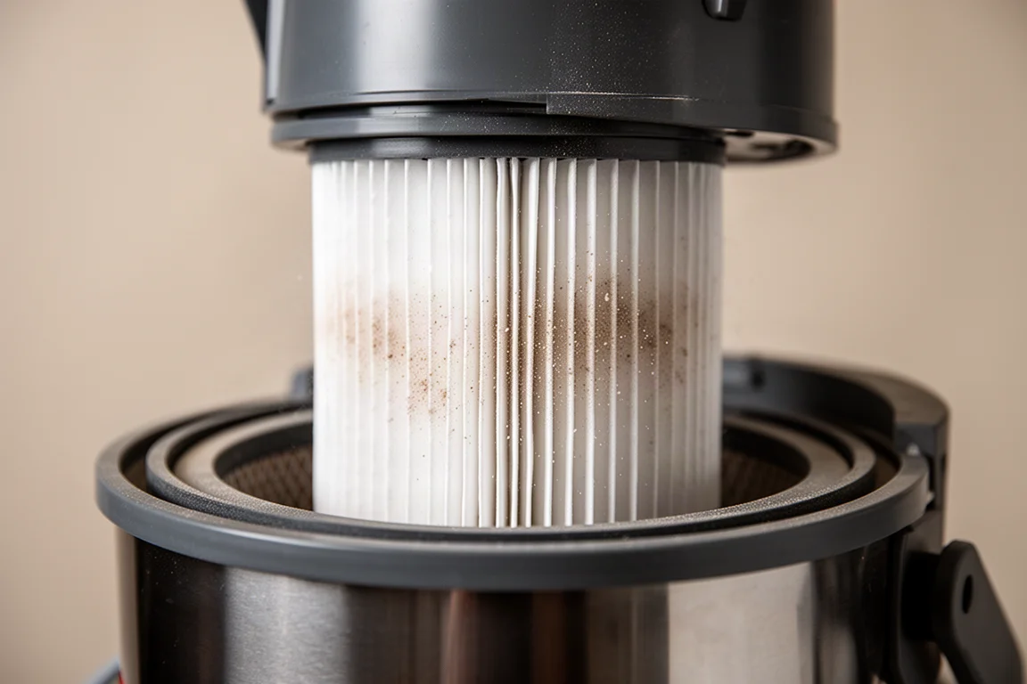 Close-up van een cilindrische vacuümfiltercartridge met geplooid oppervlak