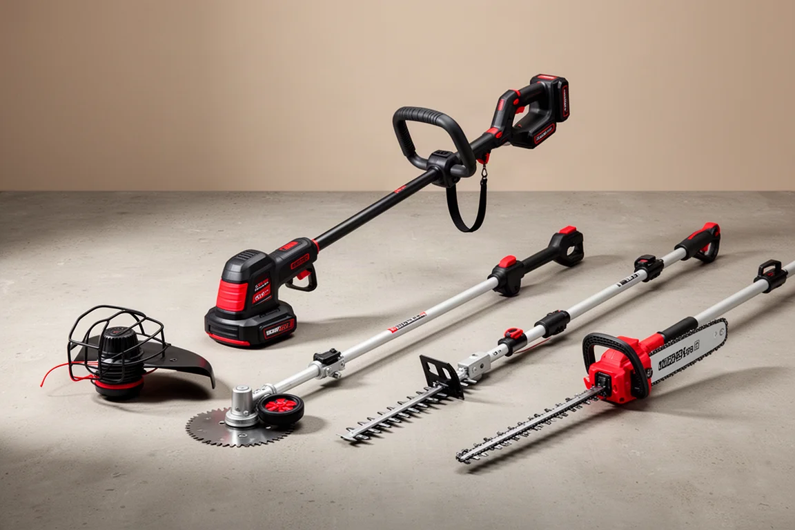 Milwaukee M18 power head and four yard tool attachments arranged on concrete