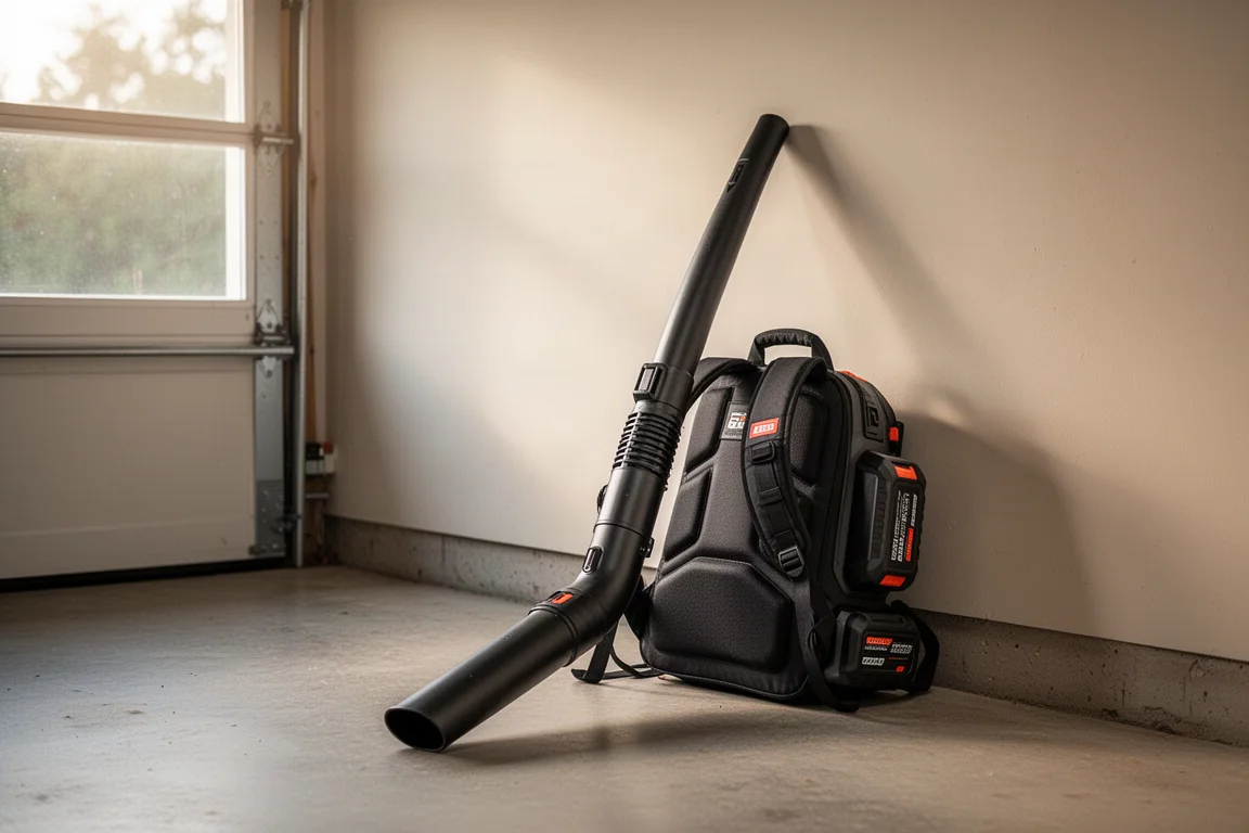Battery-powered backpack blower resting against a wall in a tidy garage