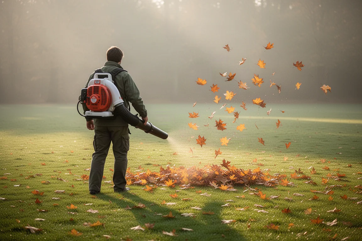Landscaper blowing leaves off a lawn at dawn with a backpack blower