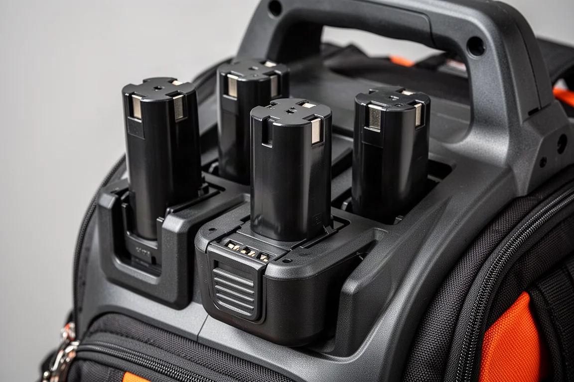 Close-up of battery terminals mounted on a backpack blower frame