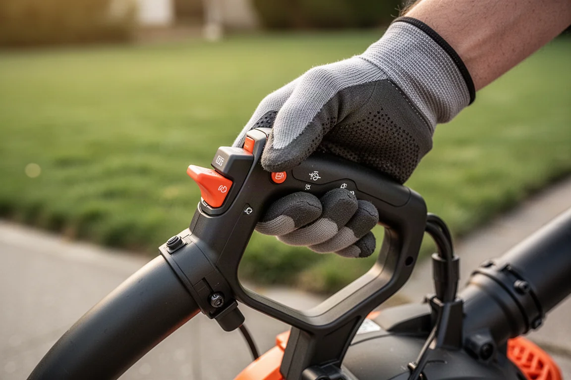 Hand on the blower trigger grip showing speed control buttons
