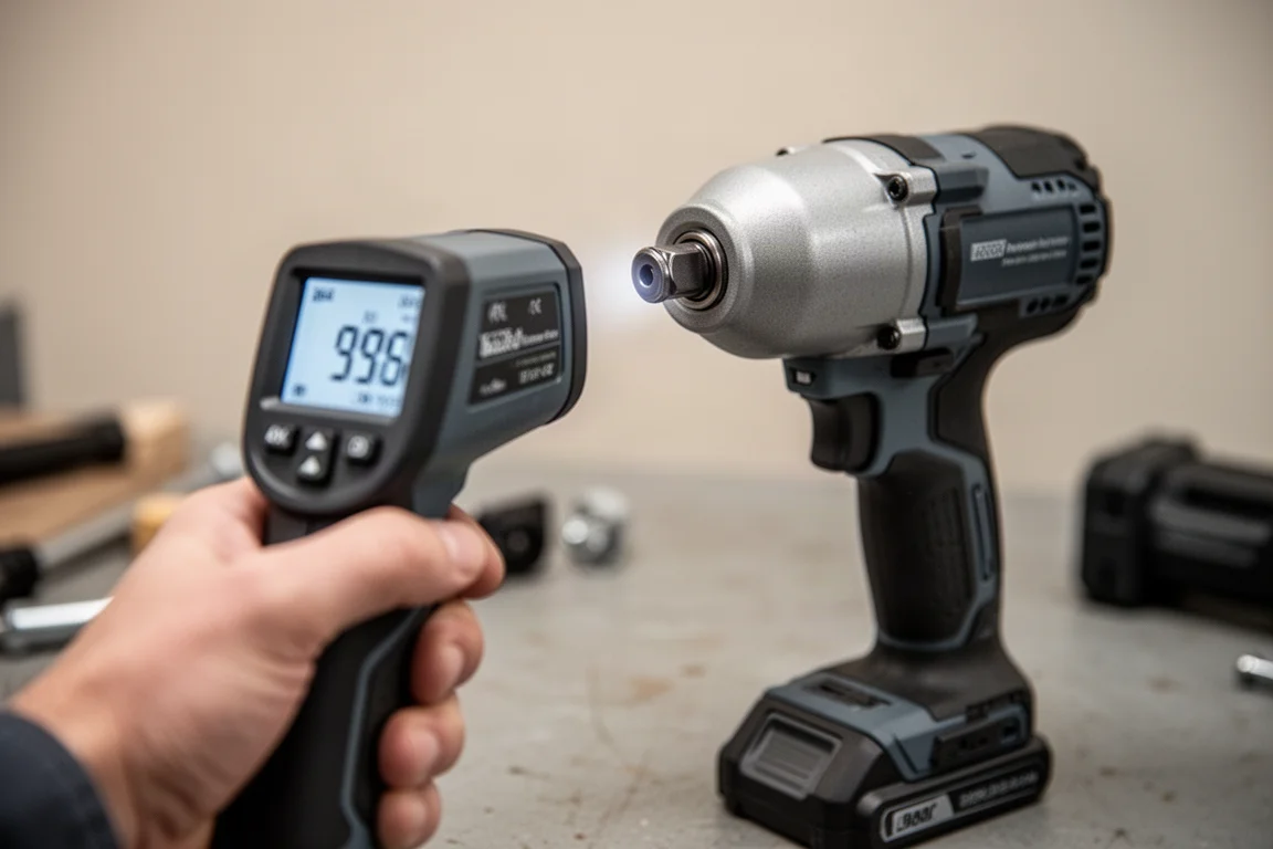 Infrarot-Thermometer zeigt die Wärmeentwicklung an Akku und Motorgehäuse eines Elektrowerkzeugs