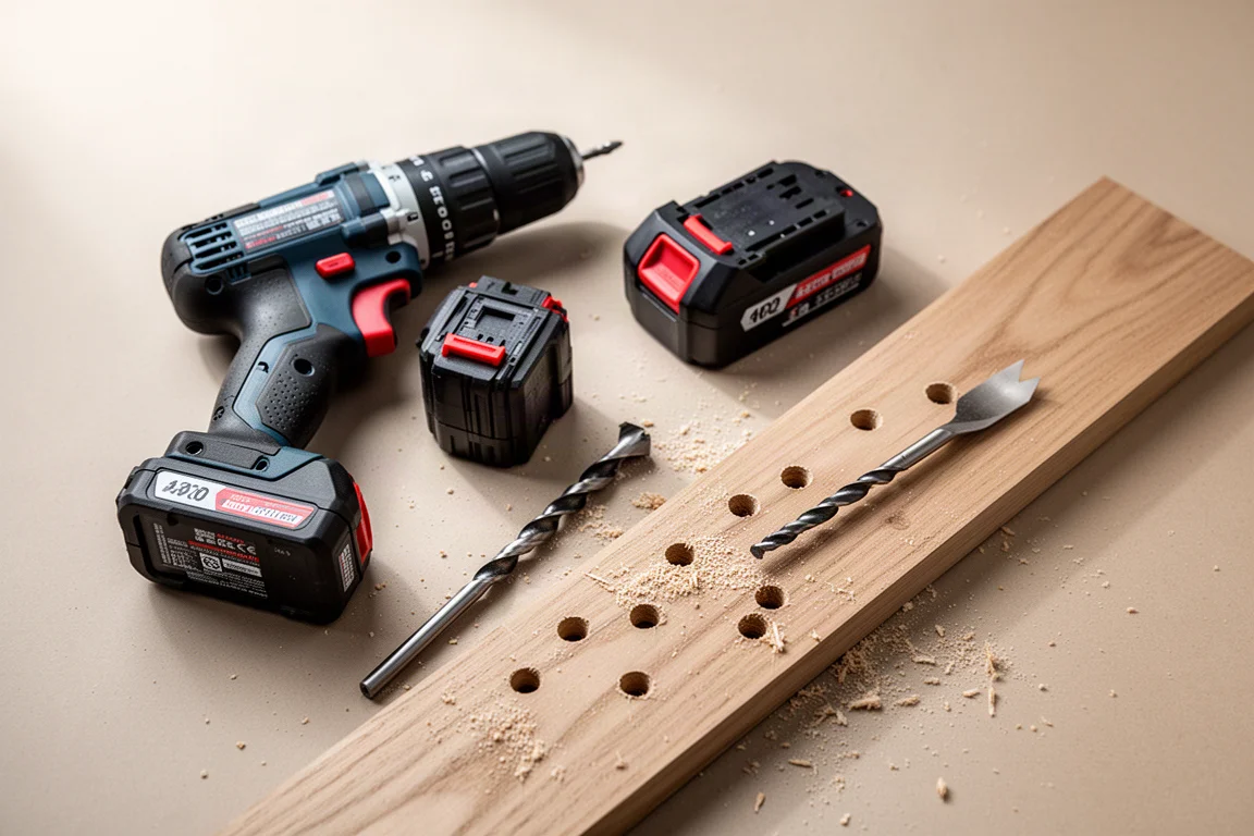 Werkbankszene mit Bohrmaschine, Akkupacks und einem Holzbrett mit gebohrten Löchern