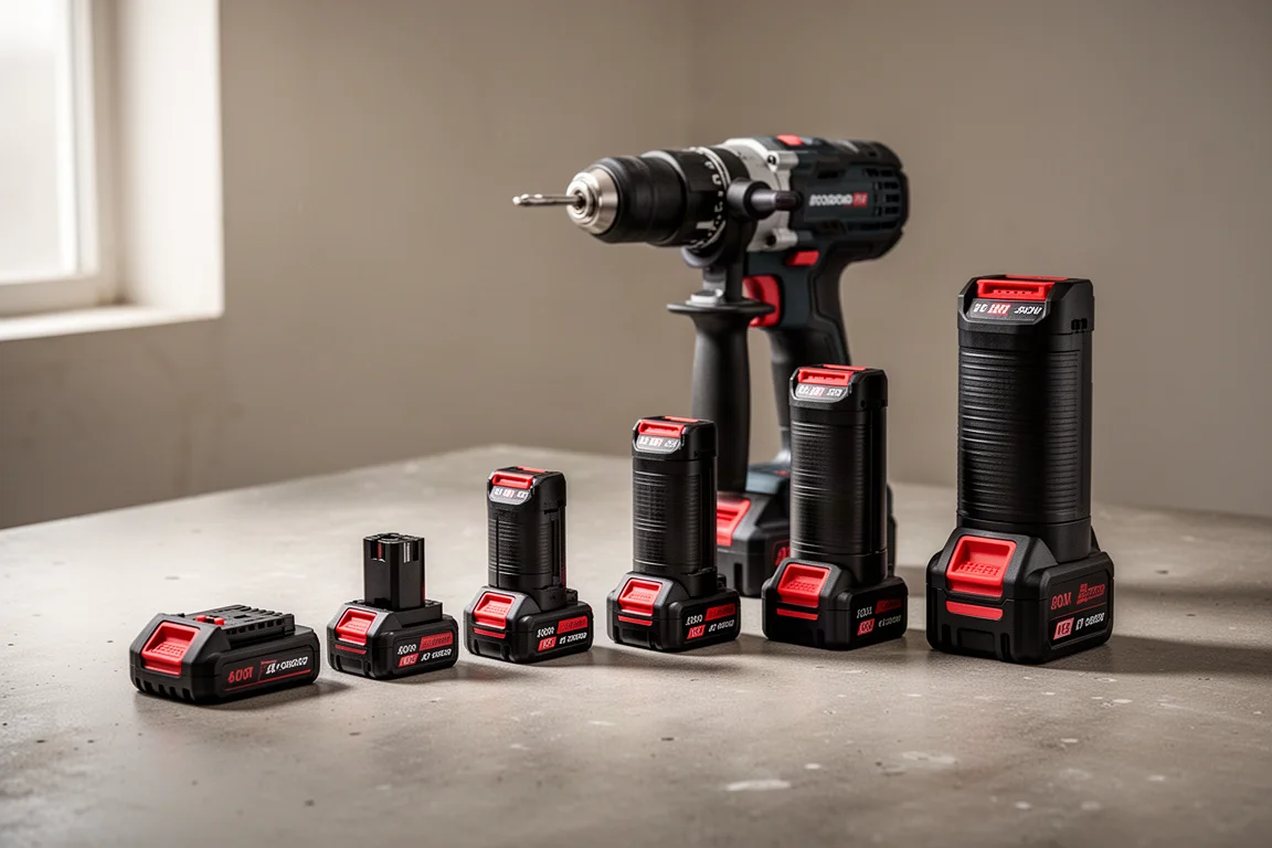 尺寸由小到大的 Milwaukee M18 電池組排成一列,旁邊是一把無線鎚鑽