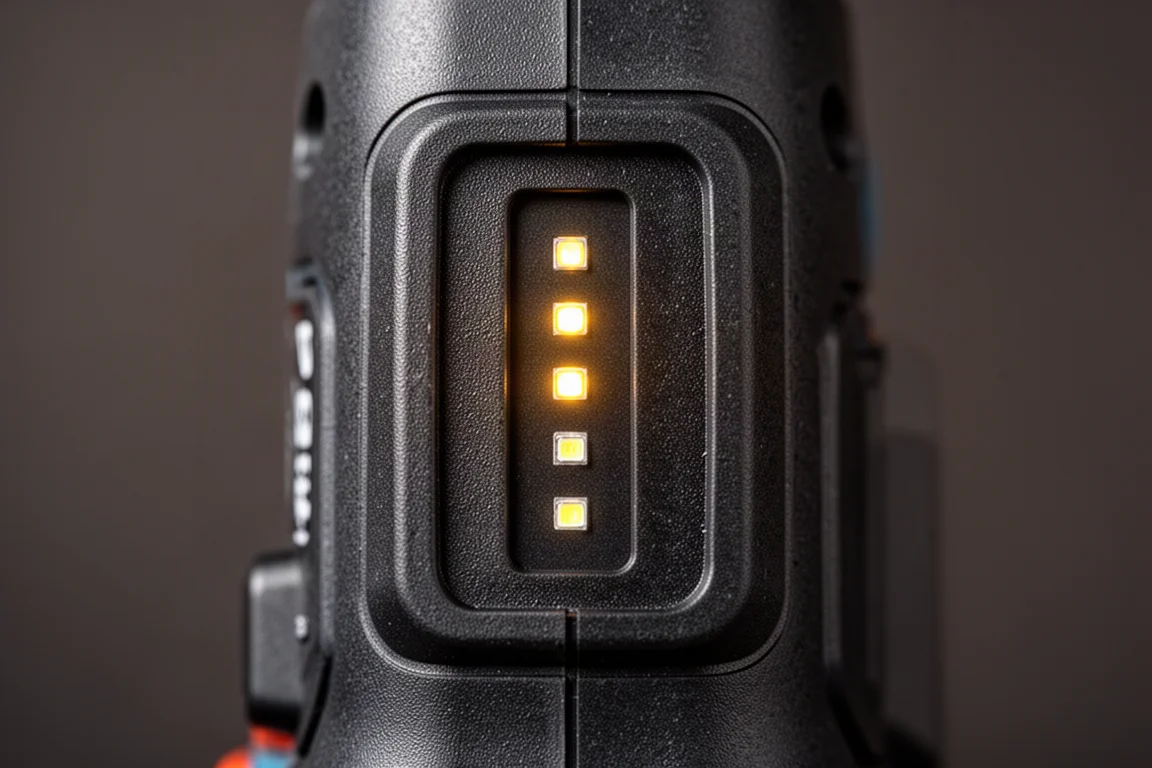 Luces indicadoras del medidor de carga en un paquete de batería de herramienta eléctrica encendiéndose de forma secuencial