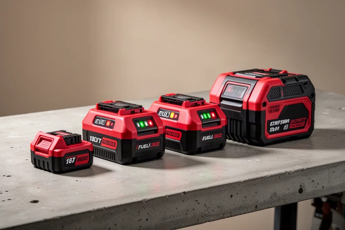 Four red and black power tool battery packs lined up on a concrete workbench