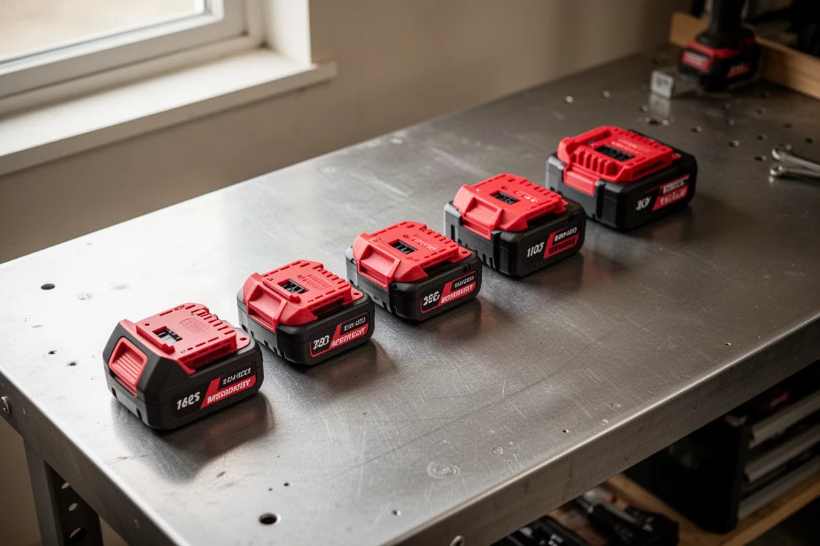 Row of cordless tool batteries lined up by size on a workshop bench