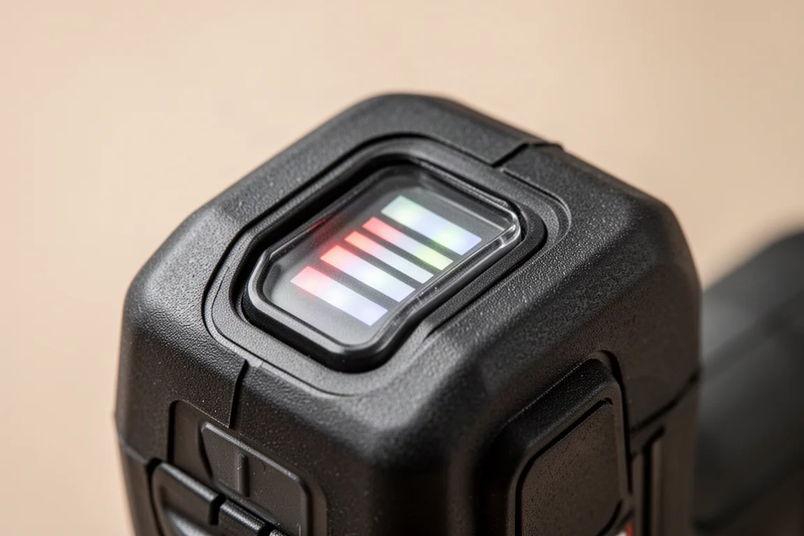Close-up of the large single-button fuel gauge on a modern battery pack