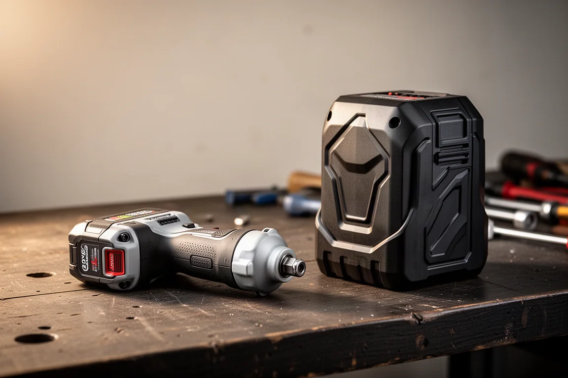 Impact wrench resting on a workbench next to a high-capacity battery pack