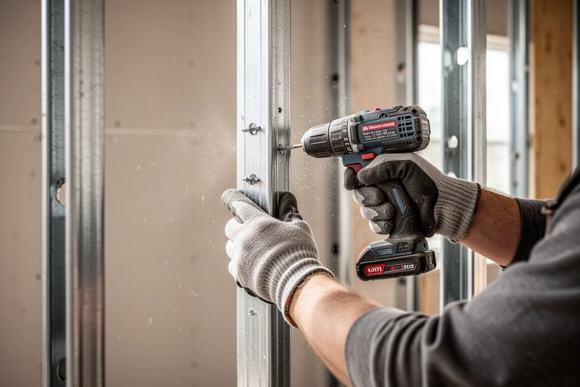 Contractor drilling into a metal stud inside a building under construction