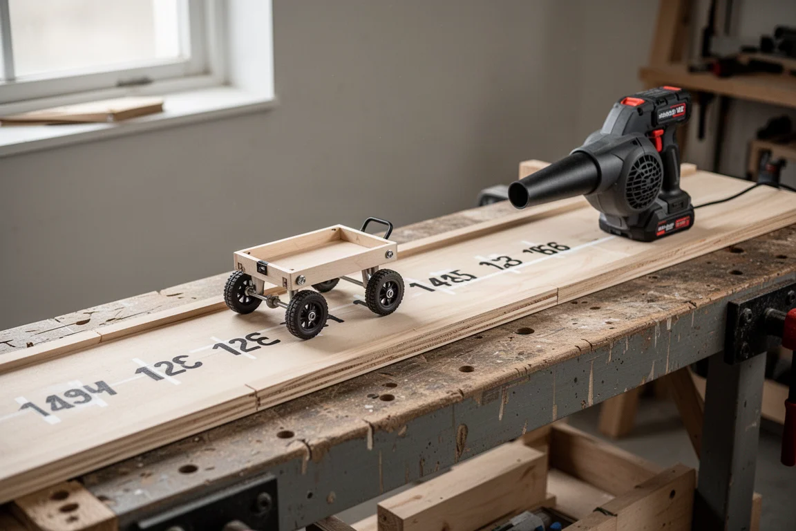 Werkbank mit Teststrecke und kleinem leichten Wagen