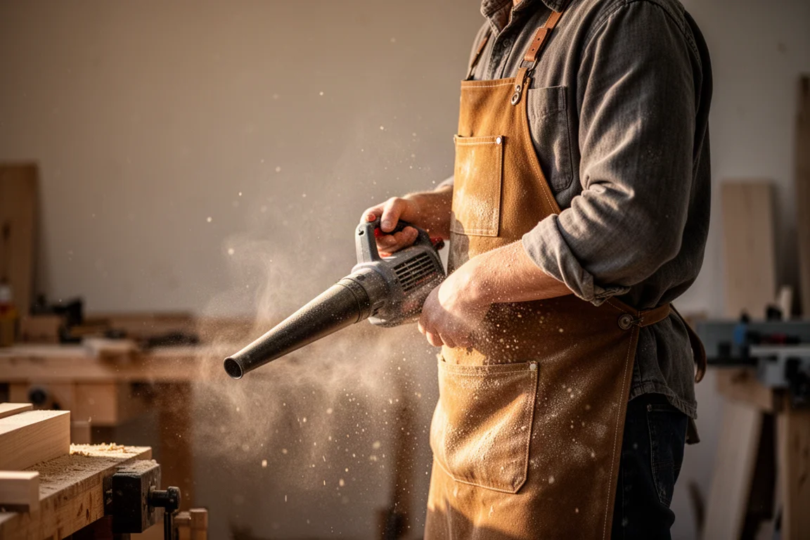 Handwerker bläst Sägemehl von der Kleidung nach Feierabend