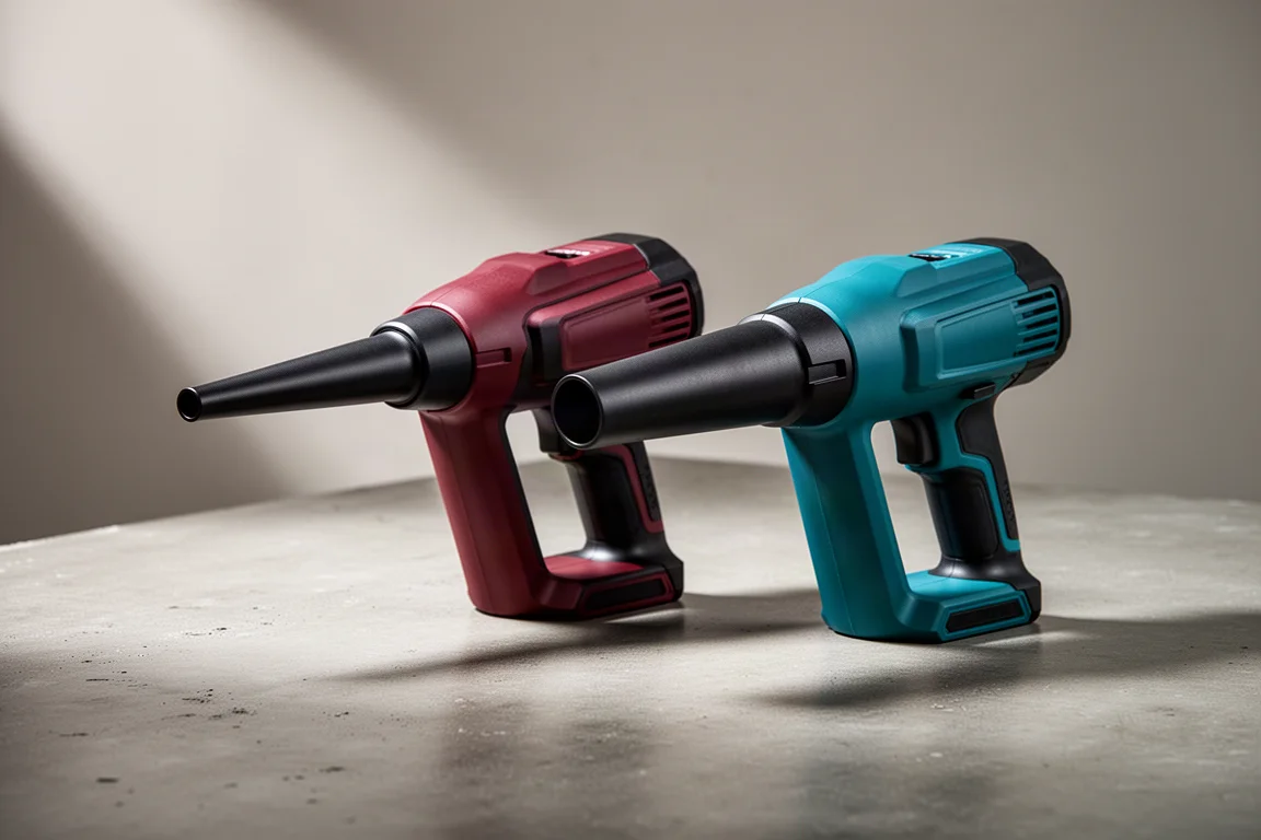 Two compact cordless blowers side by side on a concrete workshop surface