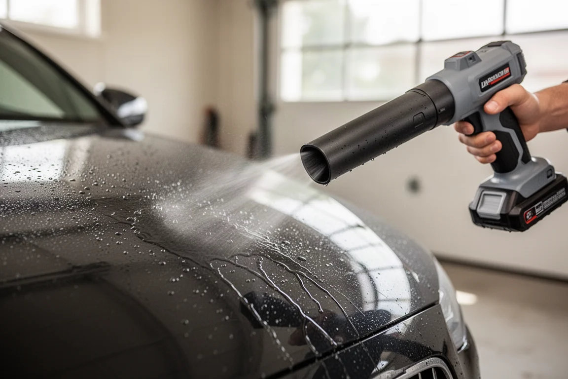 Blower a batería con boquilla corta secando gotas de agua de un panel oscuro de carrocería