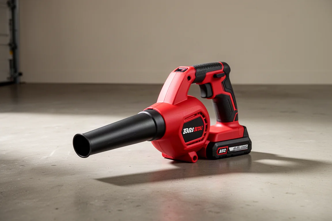 Compact cordless blower with short nozzle standing on a concrete garage floor