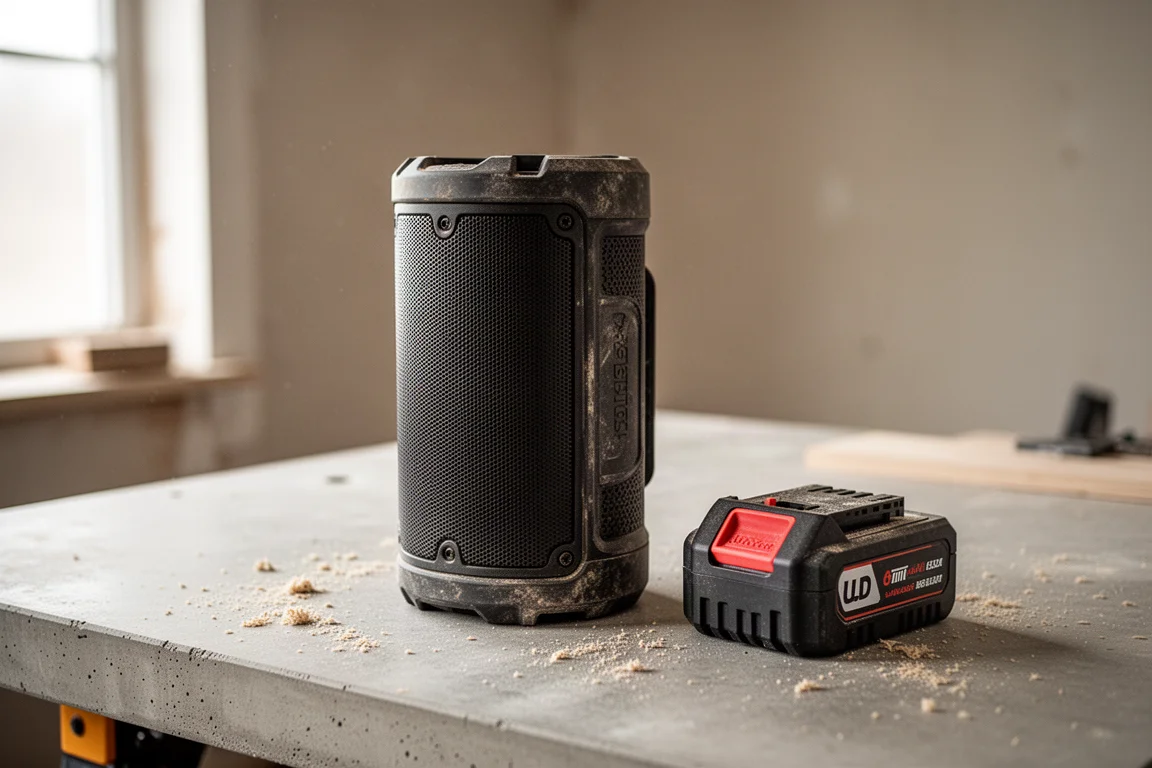 Cassa da cantiere portatile appoggiata su una banco da officina con un pacco batteria in stile M18 accanto