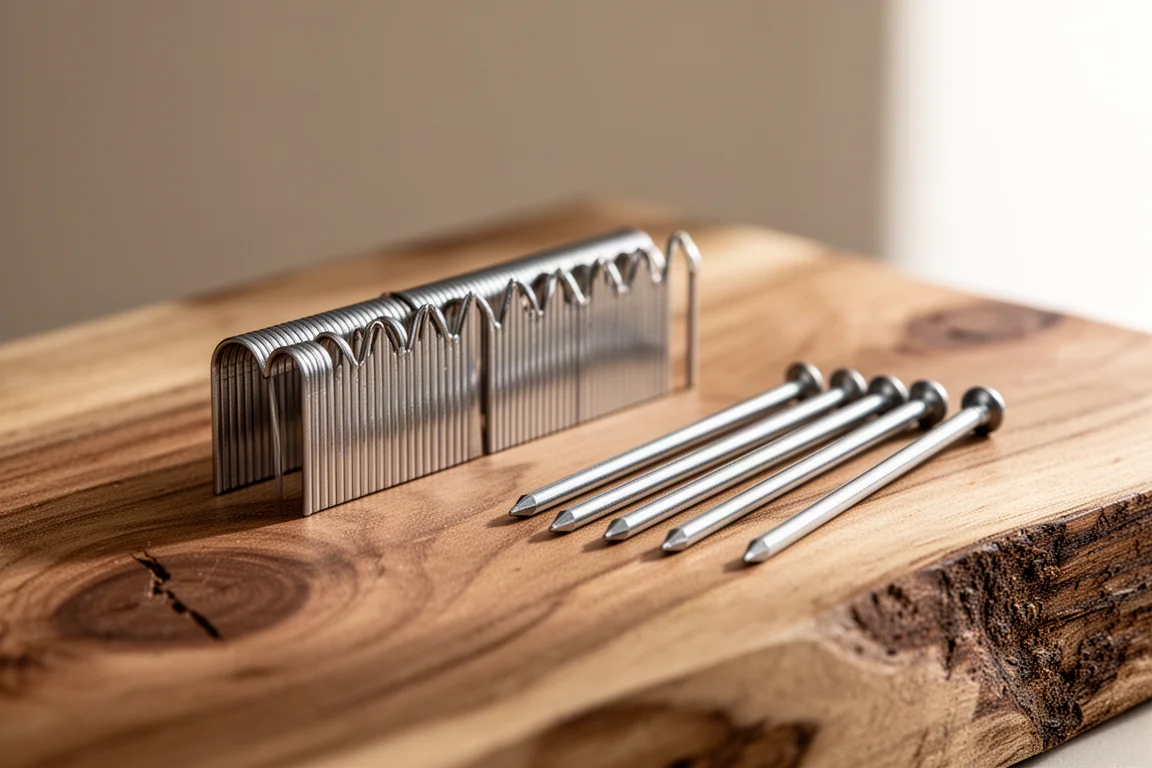 Primo piano di graffe e chiodi headless disposti su una superficie in legno