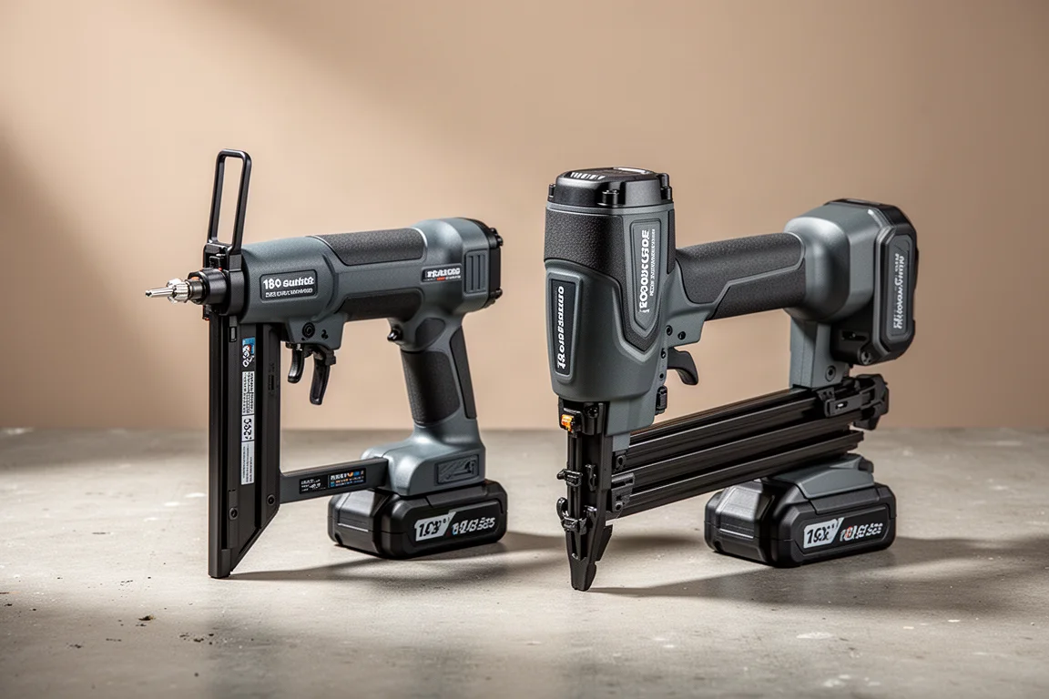 Two cordless fastening tools side by side on a matte concrete surface
