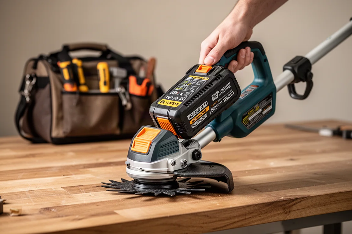 Gruppo batteria inserito nel corpo motore di un decespugliatore su un banco di lavoro
