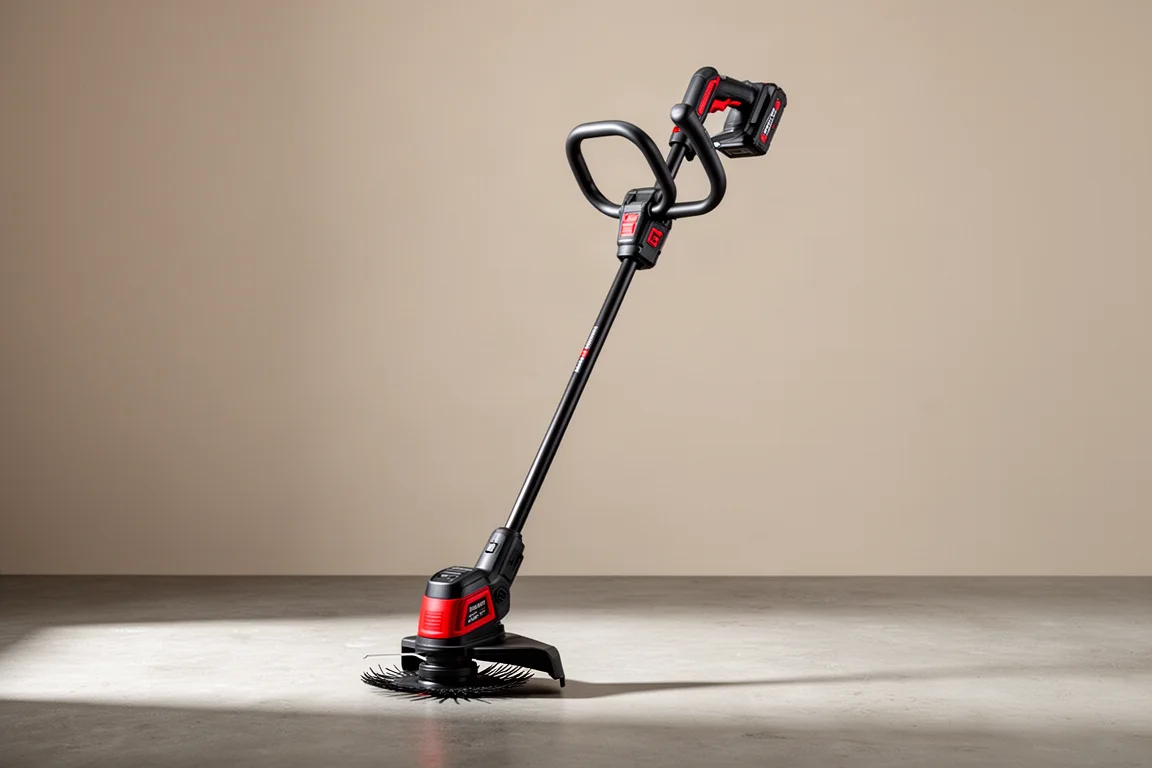Cordless bike handle brush cutter standing upright on a concrete surface
