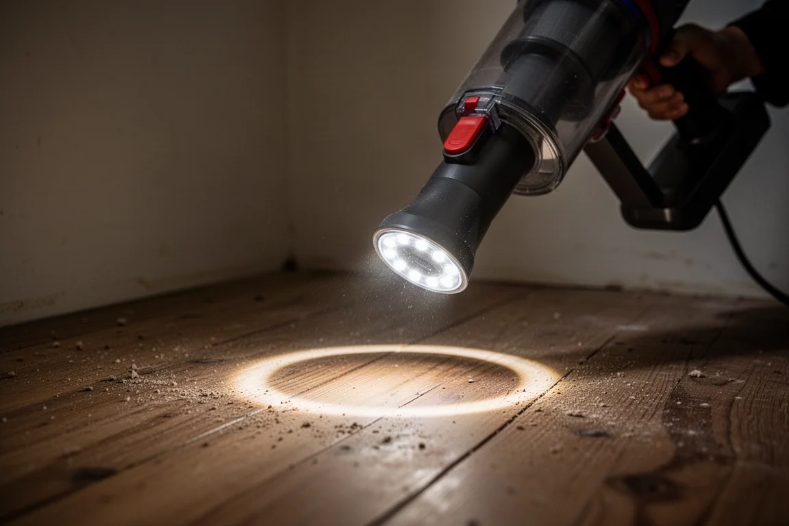 Saugdüse eines Handsaugers wirft LED-Licht auf staubige Dielenbretter