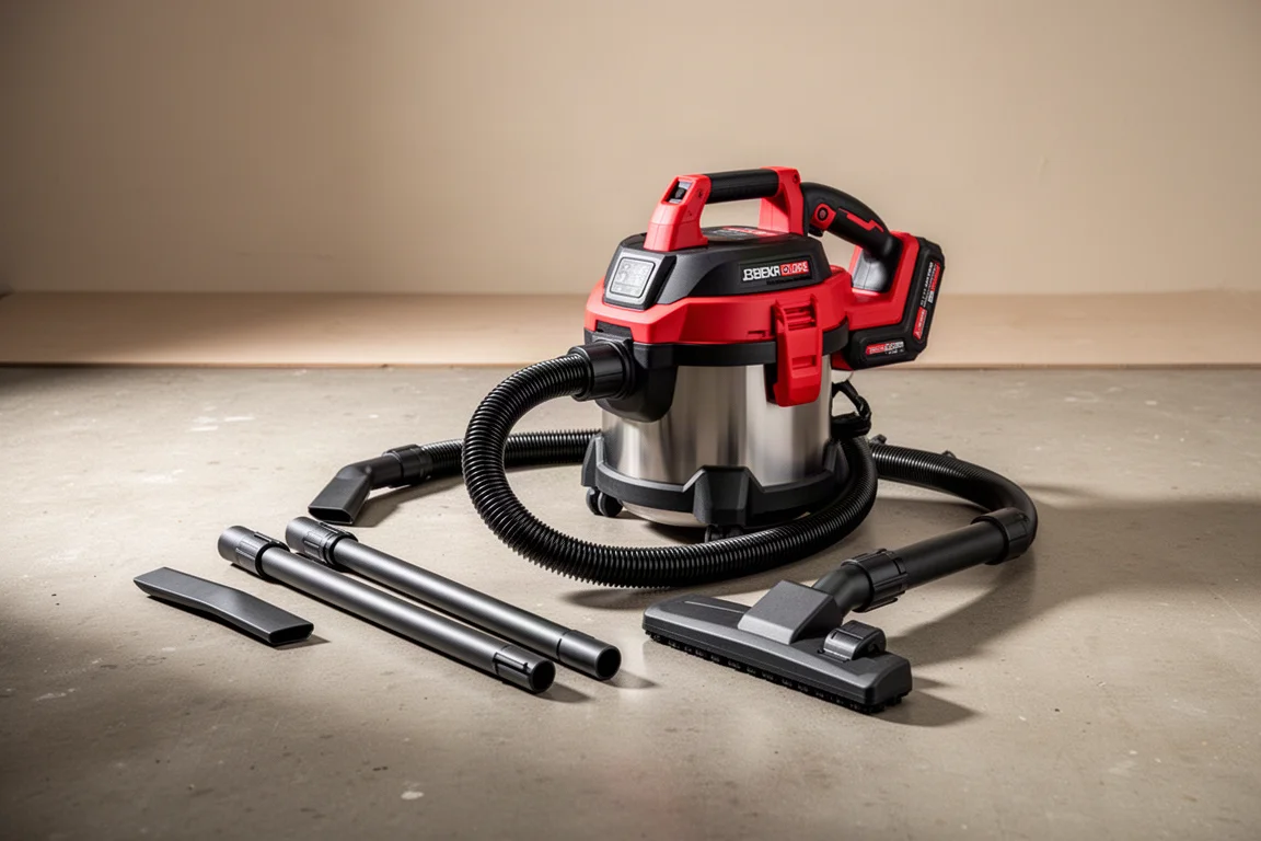 Cordless handheld jobsite vacuum with hose and accessories on concrete floor